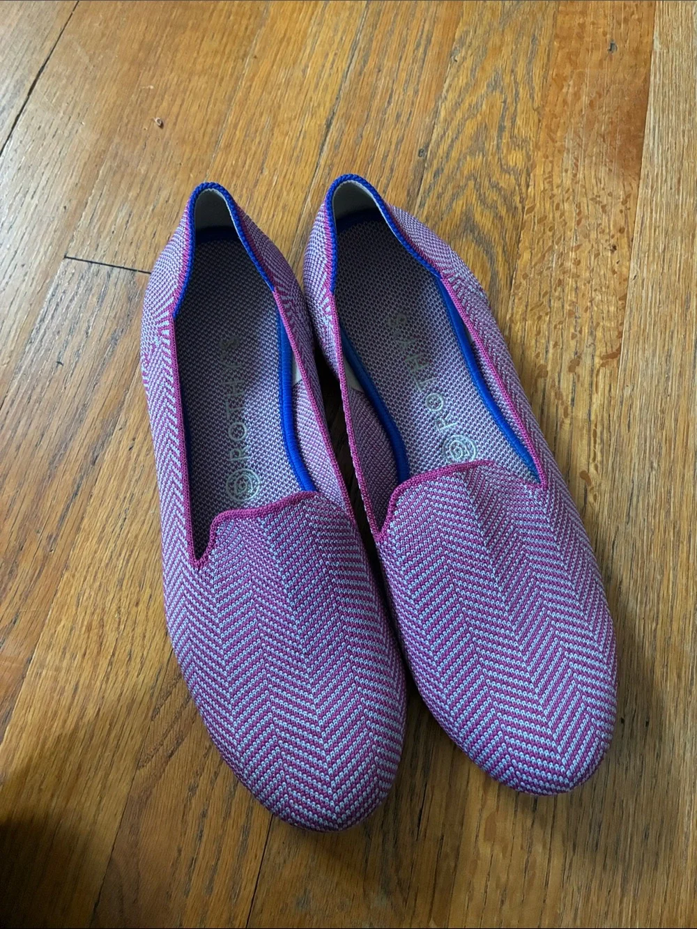 Rothy's Pink Chevron Knit Loafer with Blue Trim